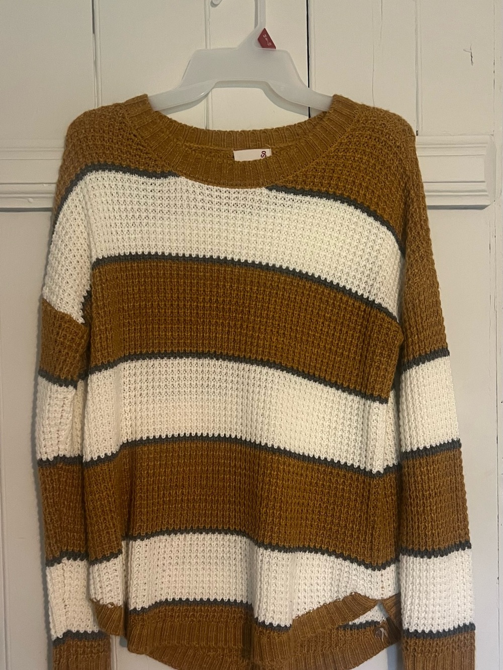 SO Striped Crewneck Sweater in Mustard, White & Charcoal Trim